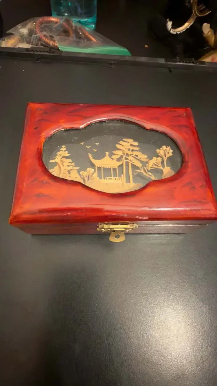 Vintage Chinese Lacquered Jewelry Box with Hand-Carved 3D Cork Diorama